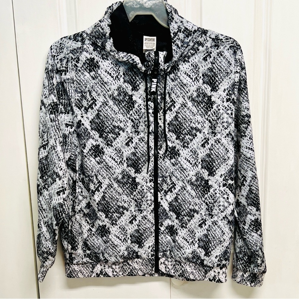 PINK Victoria's Secret Black & White Snake Print Zip Hood Jacket Size XS
